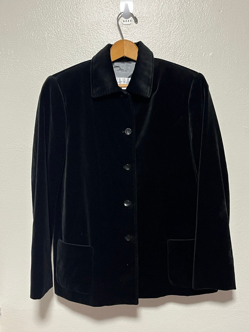 Women's Garfield & Marks Black Faux Velvet Cotton Dress Coat Blazer Jacket Sz 6